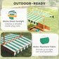 Kids wooden sandbox with striped canopy on grass, shaded play area