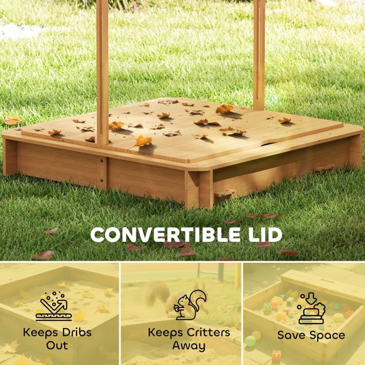 Wooden kids sandbox with convertible lid, star-shaped pattern on top