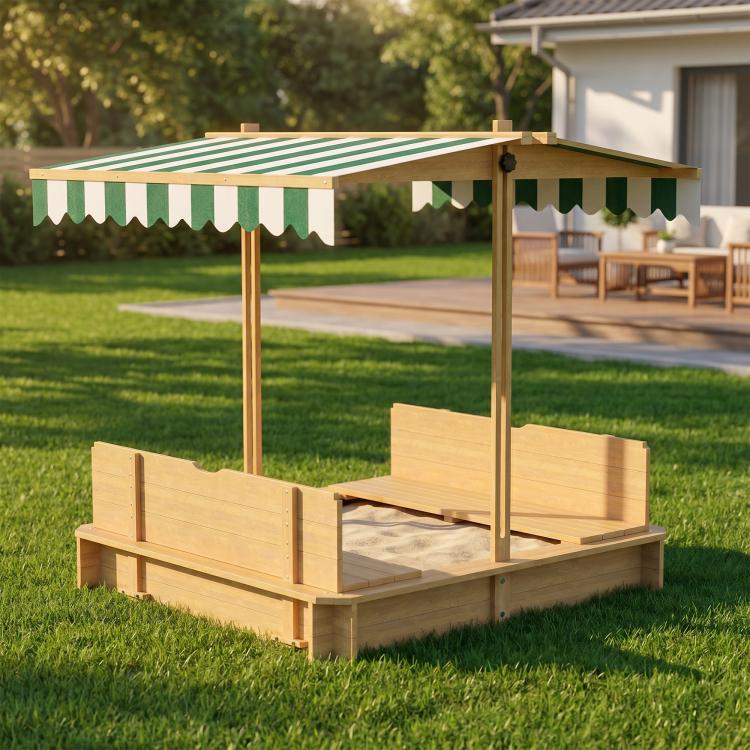 Wooden kids sandbox with striped canopy and two bench seats, outdoor side view