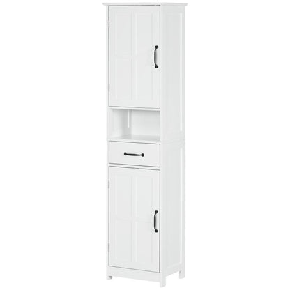 White narrow bathroom storage cabinet with doors, open shelf, and middle drawer