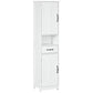 White tall cabinet with recessed doors, open shelf, and drawer with black handles