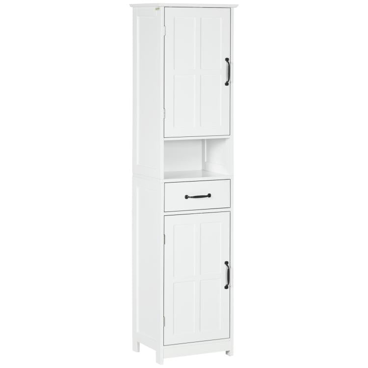 White tall cabinet with recessed doors, open shelf, and drawer with black handles