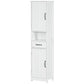 White tall storage cabinet with two panel doors and center drawer, adjustable shelf