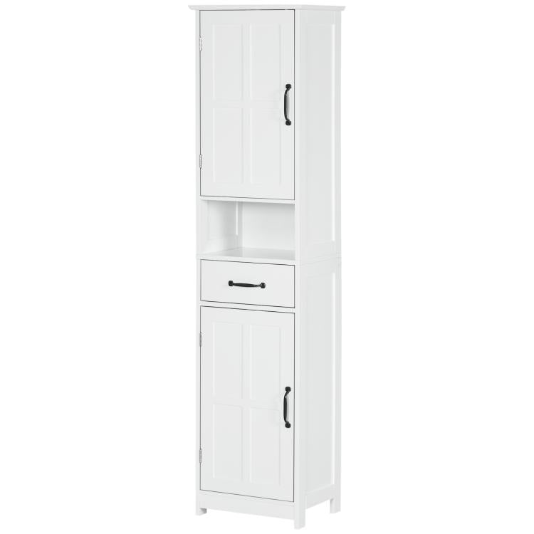 White tall storage cabinet with two panel doors and center drawer, adjustable shelf