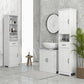 White bathroom cabinet with two door panels, open shelf, and drawer with bar pulls