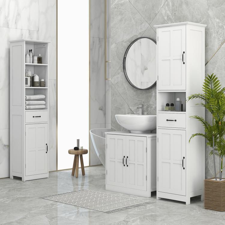 White bathroom cabinet with two door panels, open shelf, and drawer with bar pulls