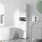 White narrow bathroom cabinet with recessed doors, open shelf, and drawer unit