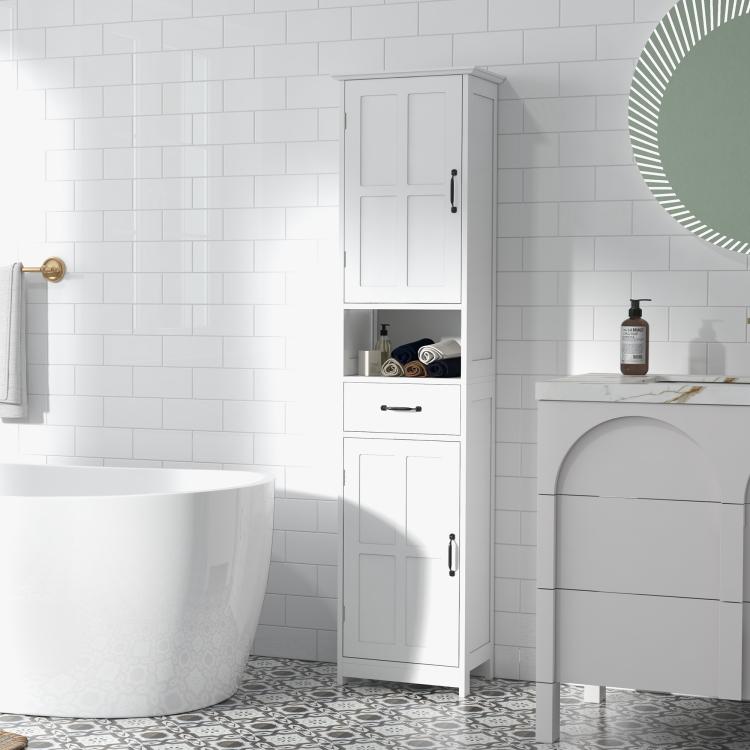 White narrow bathroom cabinet with recessed doors, open shelf, and drawer unit