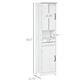 White narrow cabinet with labeled dimensions, open shelf, and two door storage sections
