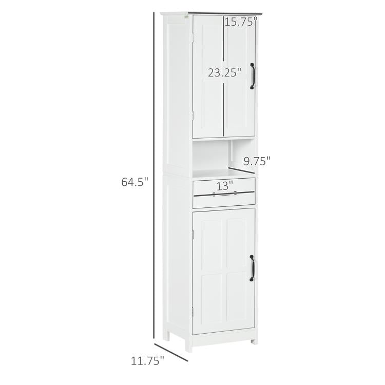 White narrow cabinet with labeled dimensions, open shelf, and two door storage sections