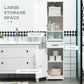 White bathroom cabinet with large open shelf, drawer, and two-door storage