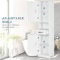White cabinet with adjustable shelf, open compartment, and drawer with black handle