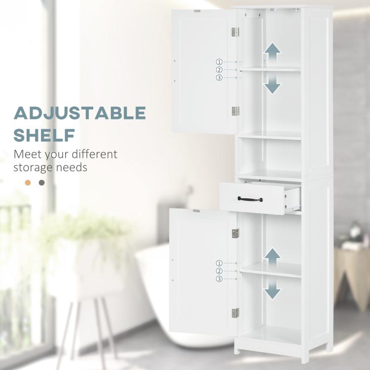 White cabinet with adjustable shelf, open compartment, and drawer with black handle