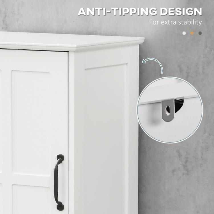 White cabinet door handle and anti-tip wall anchor bracket detail