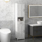 White narrow cabinet with top and bottom recessed doors, open shelf, and center drawer