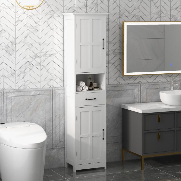 White narrow cabinet with top and bottom recessed doors, open shelf, and center drawer