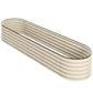 Cream metal raised garden bed with ridged panels and black safety trim, angled view