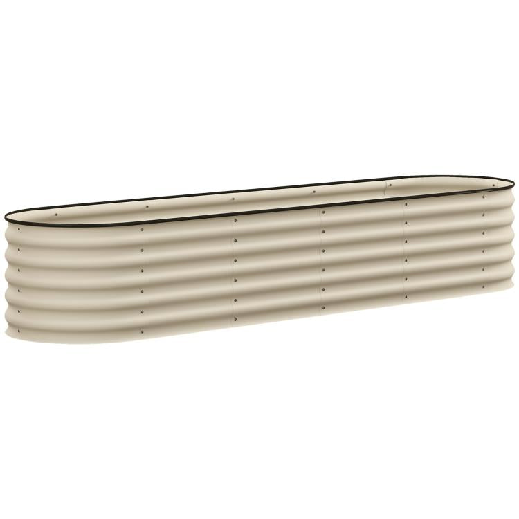 Cream metal raised garden bed box with black rim and evenly spaced ventilation holes