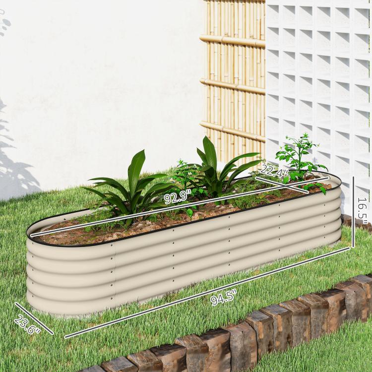 Cream galvanized raised garden bed with black rim, showing included dimensions and inner frame