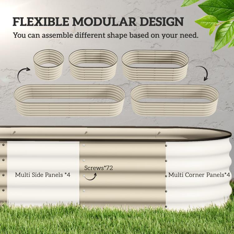 Cream raised garden bed modular panel set on grass, ridged segments for assembling the box