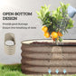 Cream raised garden bed with open-bottom design, shown with soil and fruiting plants