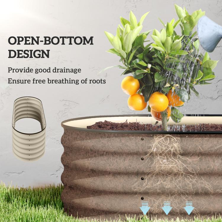 Cream raised garden bed with open-bottom design, shown with soil and fruiting plants