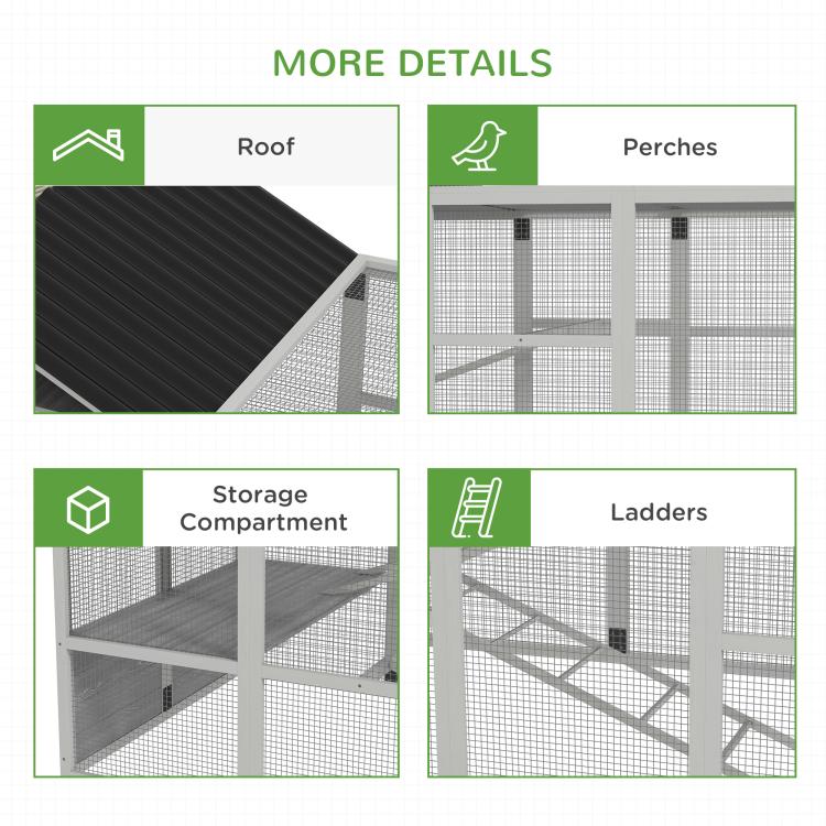 Chicken coop run details: black roof, perches, storage compartment, and ladder access