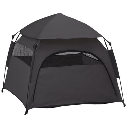 Dark gray pop-up dog tent with arched doorway and mesh side panels