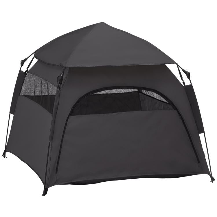 Dark gray pop-up dog tent with arched mesh door and side panels