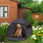 Dark gray pop-up dog tent with arched front mesh window and peaked roof
