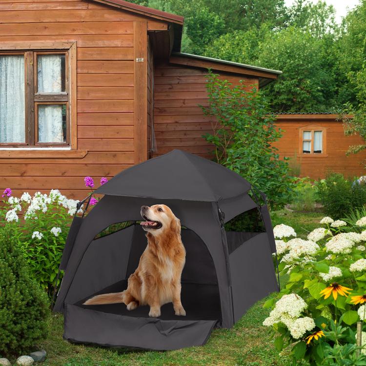 Dark gray pop-up dog tent with arched front mesh window and peaked roof
