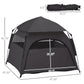 Dark gray pop-up dog tent with arched mesh entrance and labeled dimensions