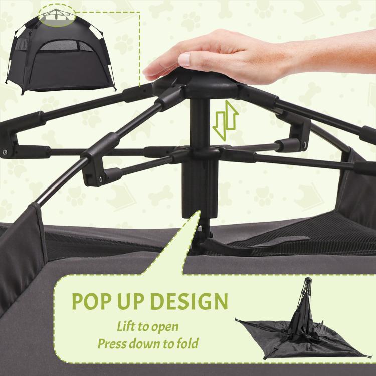 Pop-up dog tent with hand lifting the frame for a raised roof