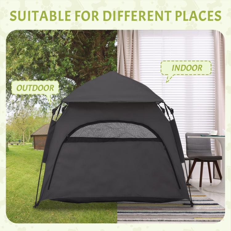 Dark gray pop-up dog tent with arched mesh front shown in indoor and outdoor use