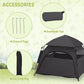 Pop-up dog tent with accessories icons: carrying bag, ground pegs, sunshade top