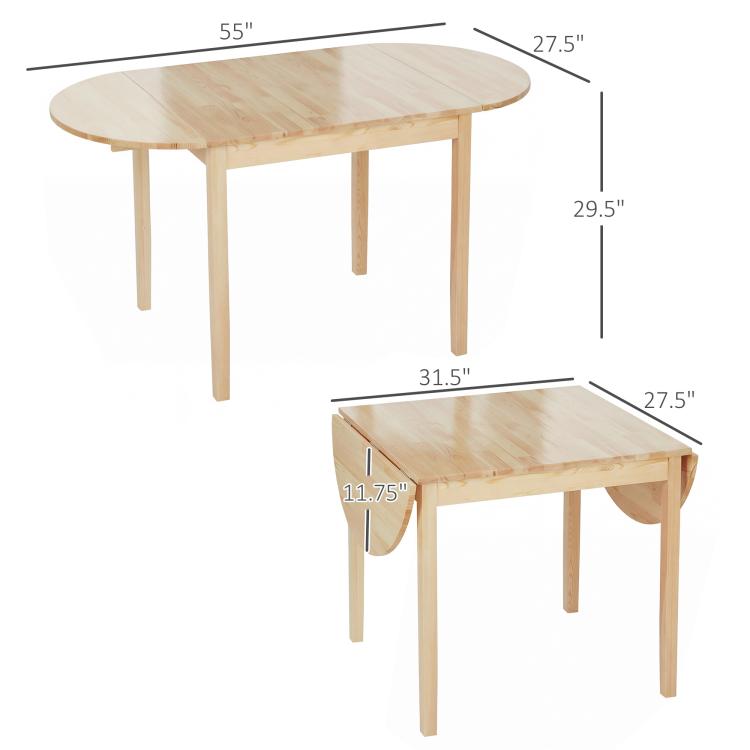 Natural wood drop-leaf dining table, top view and folded leaf showing compact size
