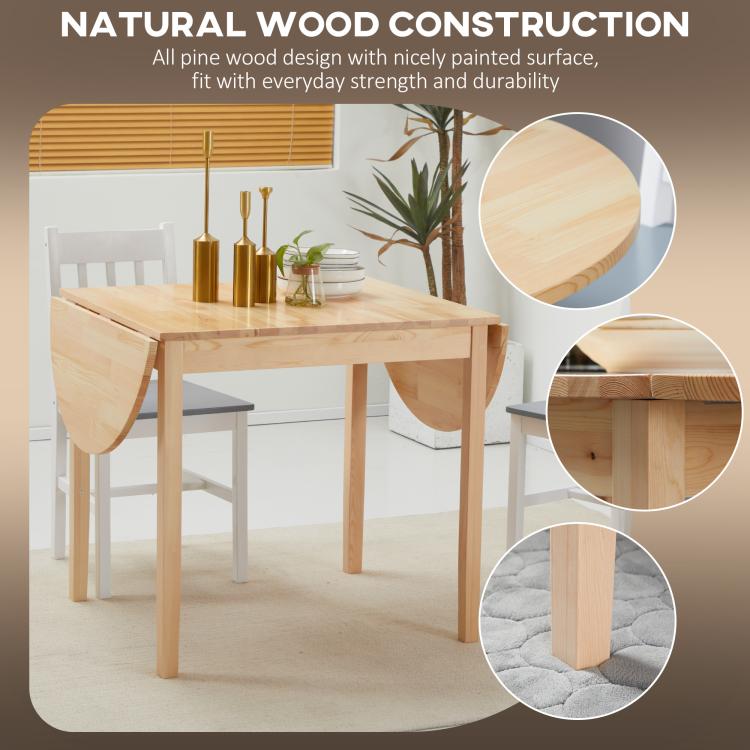 Natural wood drop-leaf dining table with close-up views of tabletop and legs