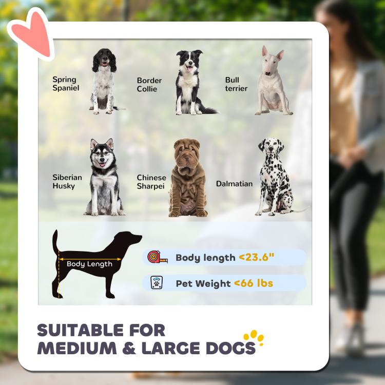Dog size chart graphic for the stroller showing body length and pet weight icons