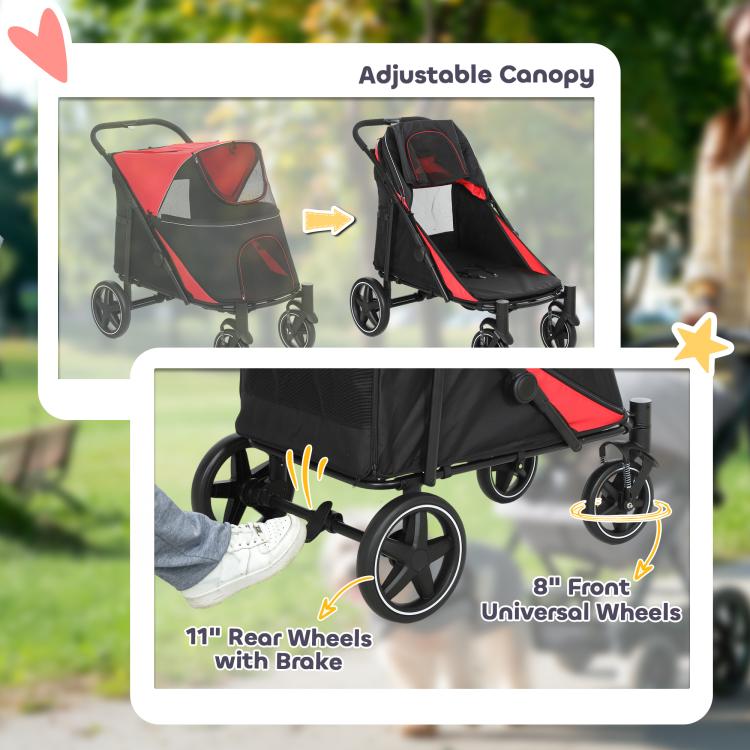 Red and black dog stroller with adjustable canopy and universal front and rear wheels