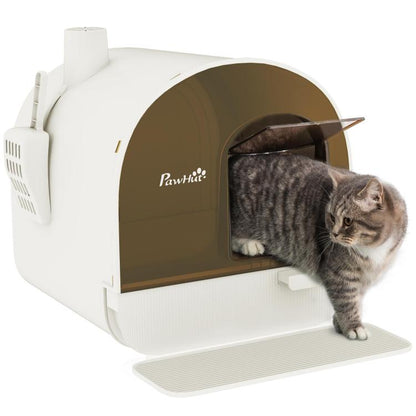 White enclosed cat litter box with brown door opening, scoop storage, and side handle