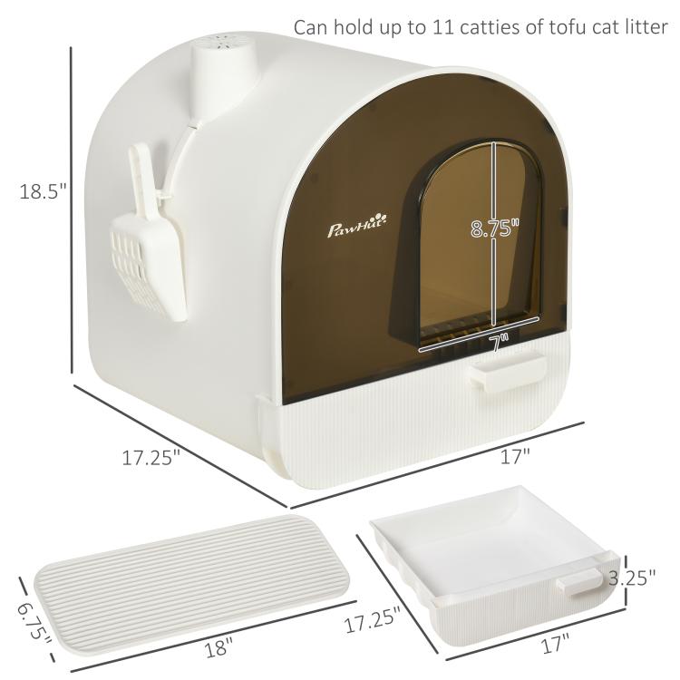 White enclosed cat litter box set showing tray, scoop, and overall size layout
