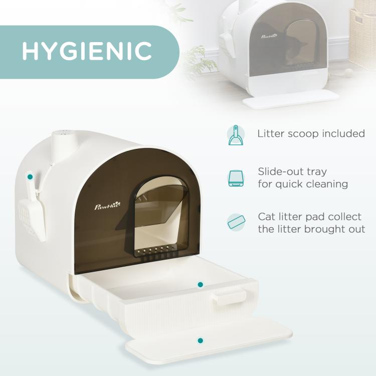 White enclosed cat litter box with brown door opening and slide-out tray features