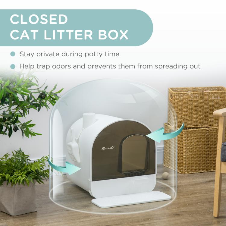 White enclosed cat litter box with brown door opening and covered privacy design