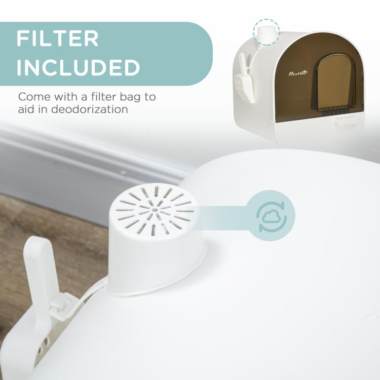 White enclosed cat litter box showing ventilation area with included filter component