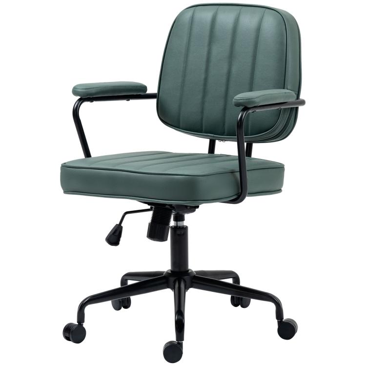 Green office chair with arched armrests, padded seat and back, and black swivel base
