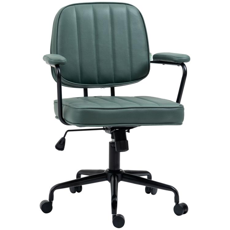Green padded office chair with vertical-stitch back, armrests, and wheeled five-star base