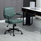 Green swivel office chair with padded seat, curved backrest, armrests, and rolling casters
