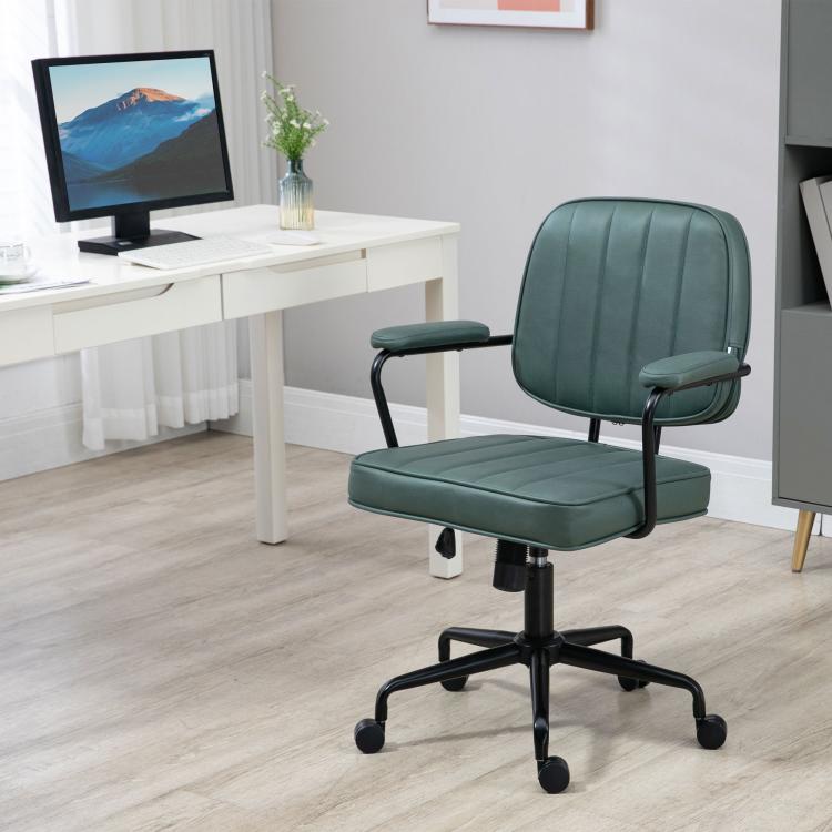 Green swivel office chair with padded seat and backrest, armrests, and casters