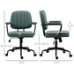Green office chair with padded seat and back, armrests, and adjustable height stem