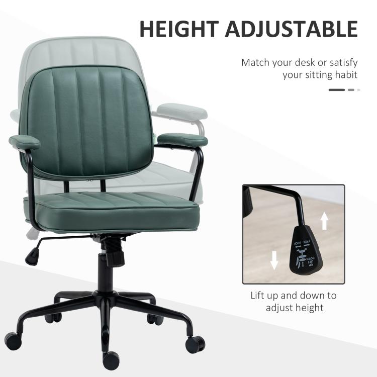 Green upholstered office chair with padded seat, armrests, and adjustable height base